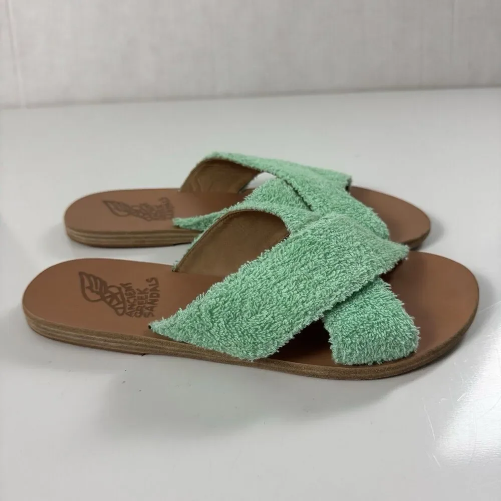 Ancient Greek Thais Terry Slide Sherpa Sandals Womens 41 US 10.5-11 Aqua Green